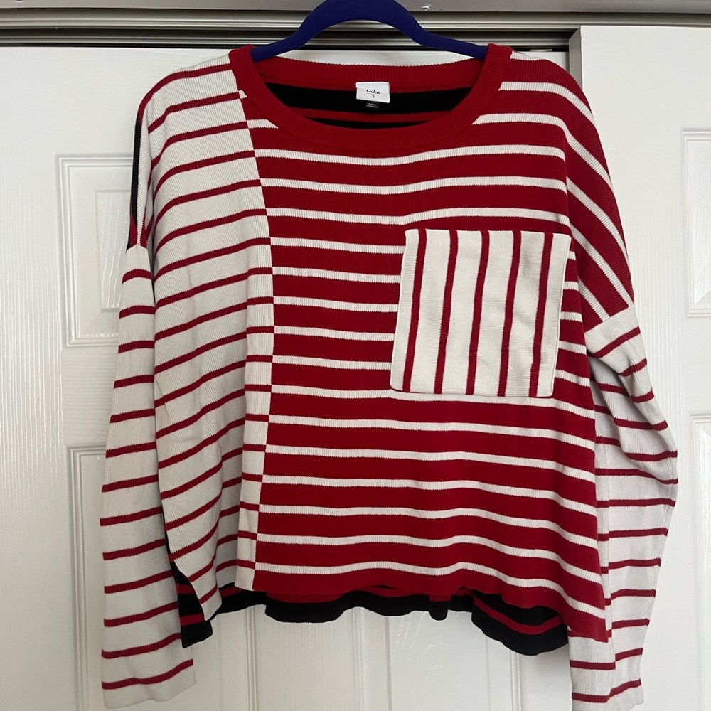 CAbi Black, Red, and White Striped Knit Sweater Top